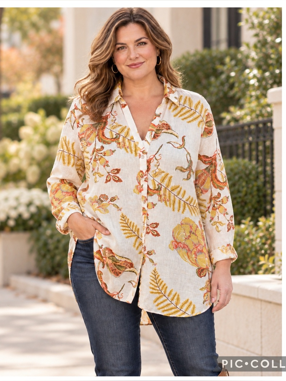 Rachel Zoe 100% Linen Botanical Floral Button Down Tunic Blouse XL